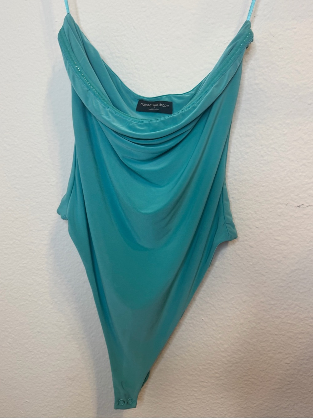 naked wardrobe Teal Cowl Neck Bodysuit with Draped Front